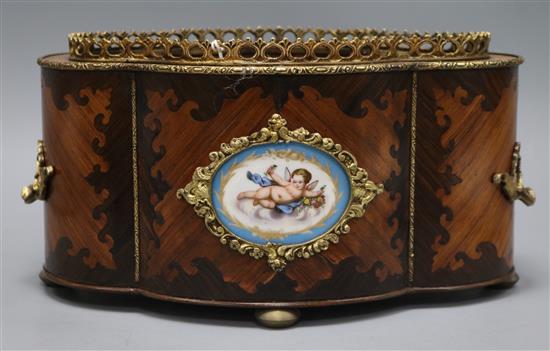 An inlaid French table jardiniere with porcelain plaque length 32cm